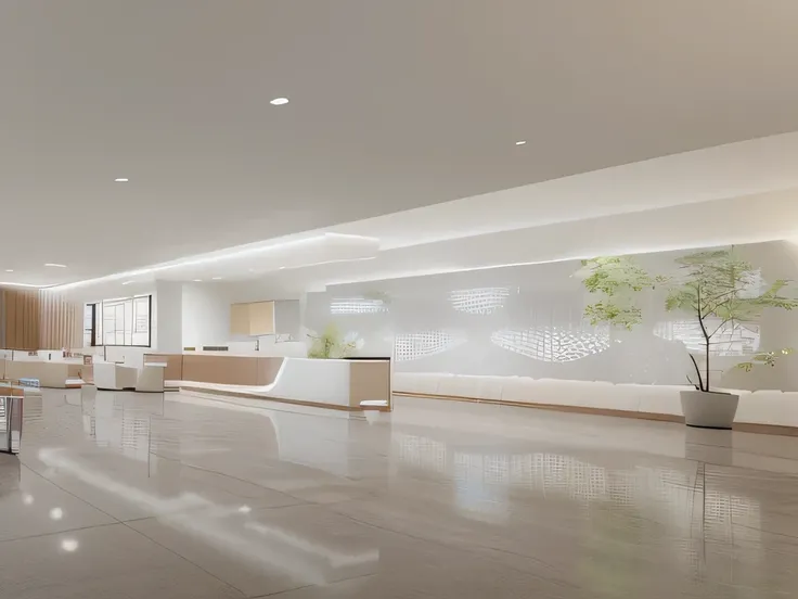 There are rows of seats in the hospital waiting area, interior architectural landscape, Best Rendering, interior design details, interior design architecture, concept , interior background art, visual development, concept drawing, anamorphic illustration, ...