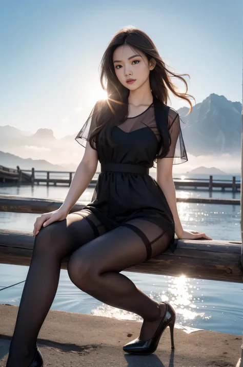 (background：The mountains are full of cherry blossoms，There are mountains and fog)(whole body:1.5)，(1 Hmong girl:1.3),(view viewer:1.4)，(anatomically correct:1.4),(Completely see-through pantyhose:1.3),(sit on the top of the mountain:1.2),(Wearing a southw...