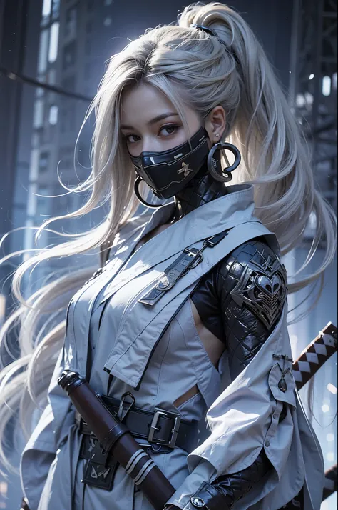 woman with long white hair, blue eyes, white battle suit and shiny silver armor underneath, has a katana on her back