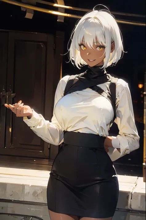 Somidev, white hair, yellow eyes, short hair, dark skinned female 1girl, alone, Big breasts, looking at the audience, Smile, White turtleneck shirt, black skirt, permanent, Upper body, 
masterpiece, best quality，（（huge breasts）），Grooves reveal original ski...