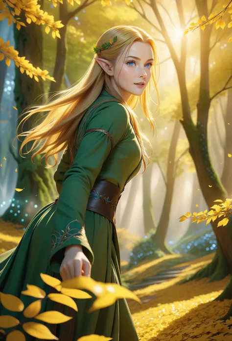 Tauriel, Movie《Hobbit》Elves in , best quality, Super detailed CG unified 8k wallpaper, floating, High resolution, dynamic poses, pretty face, (blue eyes:1.2, yellow hair:1.3, green clothes), depth of field, White Forest, golden leaves, magic light)