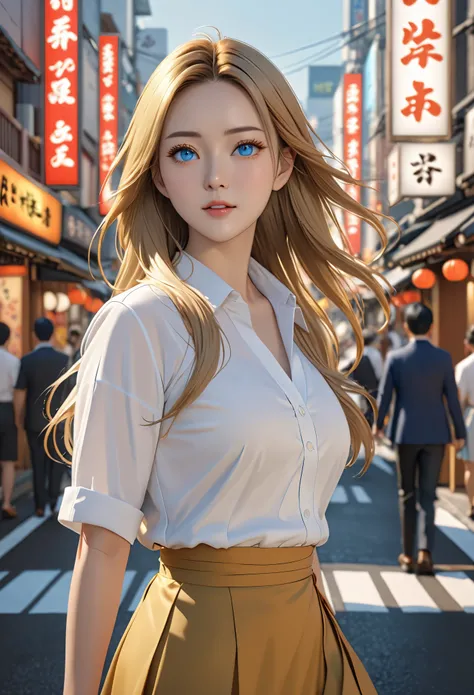 masterpiece, best quality, 8K, photorealtic, actual, octane rendering, Japan&#39;s bustling city streets (1 female: 1.4), (There is only one woman on the screen: 1.3), (White shirt), (long golden hair), (hip wrap skirt), (blue eyes) Upper body display