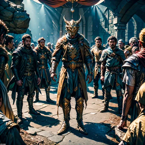 epic UnrealEngine5 "Dungeons & Dragons" a group of people, standing around the dragon in front of the castle equirectangular deep path symmetrical meticulous intricate details ultra sharp-focus, D & D roleplaying Dungeons & Dragons, dungeons and dragons fa...