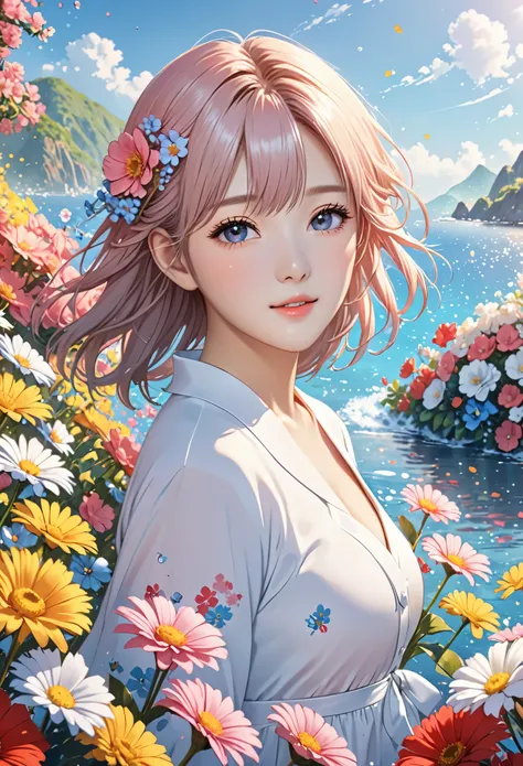 (Extremely detailed CG unified 8k wallpaper), light, sea of flowers, flowers, 1 girl, Upper body, K-pop idol,