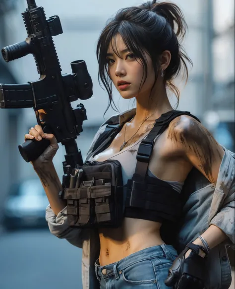 (best quality,8k,realistic photo:1.2),realistic skin texture,Japanese woman living in America,beautiful,walking in shooting position on the street,dirty shirt,jeans,sneakers,bulletproof vest,automatic rifle,short haircut,urban warfare,caught in an incident...