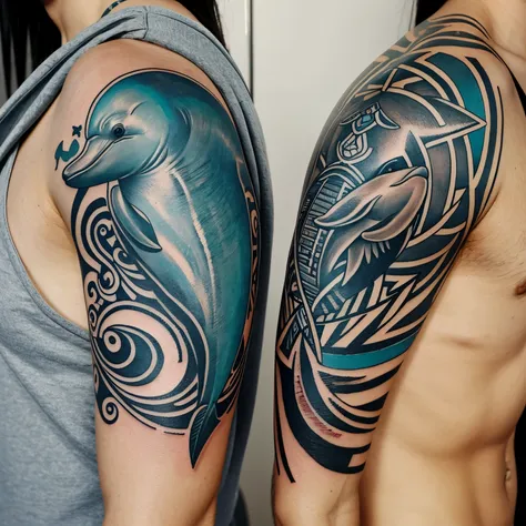 Tattoo of a buo and a dolphin with simple strokes and that the 2 are united
