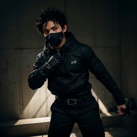 Izuku Midoriya with black long sleeve jacket with a hood, a black long sleeve T-shirt, breathable black full face mask with lenses that can block flashbang, black cargo pants, black combat boots, black combat gloves, belt, and a small black sling back pack