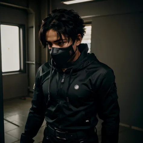 Izuku Midoriya with black long sleeve jacket with a hood, a black long sleeve T-shirt, breathable black full face mask with lenses that can block flashbang, black cargo pants, black combat boots, black combat gloves, belt, and a small black sling back pack