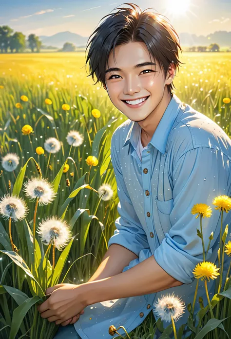 (zh-CN) farmland, morning dew, Wheat field under sunlight, Dandelions in bloom leisurely, (1 boy), A big smiling face under the bright sunshine, Wear light cotton clothing, blue shirt, Kind and natural.