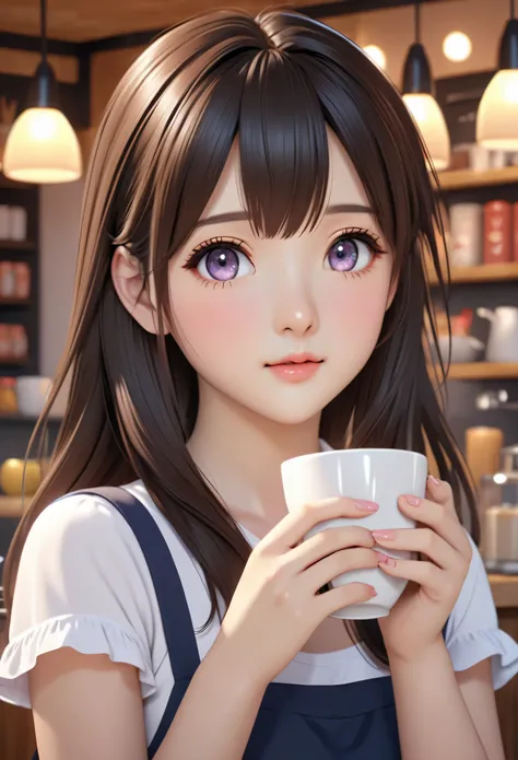 there is a woman that is holding a cup of coffee, real life anime girls, realistic young anime girl, portrait of cute anime girl, Cute and natural anime face, kawaii realistic portrait, Realistic animation3D风格, Cute kawaii girl, Attractive anime girl, Real...