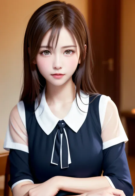 8K, top quality, table top:1.2), (realistic, Photoreal:1.37), top quality, table top, beautiful young woman, pensive expression,、attractive、and an inviting look, cute maid clothes, tie hair back, movie background, bright skin tone