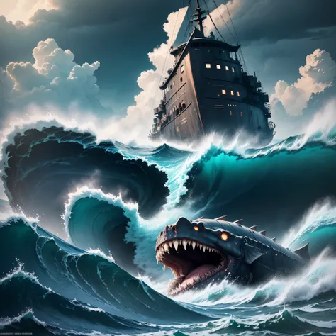 (giant leviathan of the deep sea, apocalyptic world, Deep and dark sea, boat, Fighting Men, Destruction everywhere),(highest quality, 4k, High resolution, Super detailed, realist:1.37), dramatic lighting, eerie shadow, unforgettable atmosphere, stormy sea,...