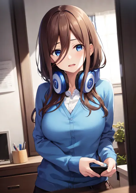 disorganized, highest quality, 1 girl, alone, focus of the eye, looking at the viewer, miku, blue cardigan, brown hair