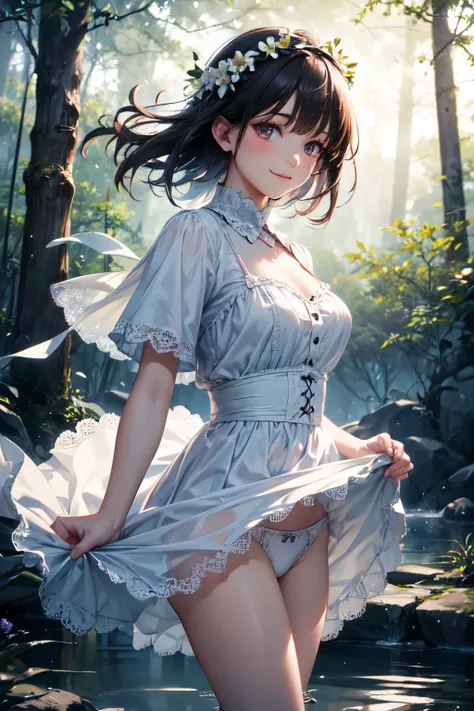 very cute and beautiful girl,frilled white summer dress with detailed lace,(skirt lift,laced white panties),
(highly detailed beautiful face),cowboy shot,(smile),black hair,flower crown,
(standing near water spring in forest),fog,fantastic stone monument,d...