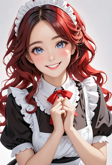 ((beautiful maid:1.5),High resolution, top quality),Wearing maid outfit,soft hands, big bright eyes, Dark and vibrant curls, sweet smile, red face, soft light, pure white background.  