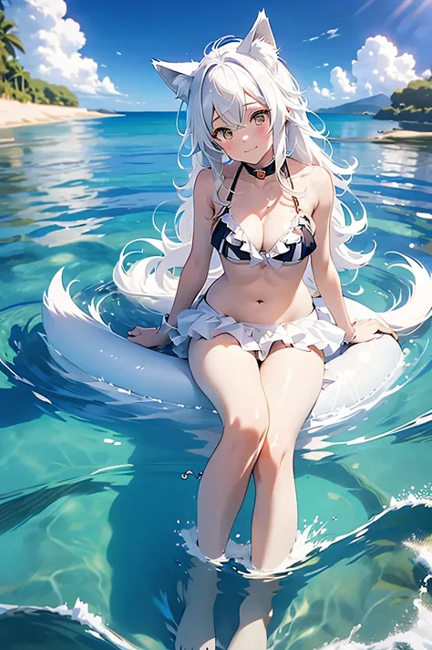 Anime girl with cat ears in bikini in water, White fur fox, Holo is a wolf girl, If Holo were a wolf girl, fleet collection style, Azure Lane style, Shikami, seductive anime girl, from Arknights, ahegao, realistic bikini, white cat girl, HD anime wallpaper...