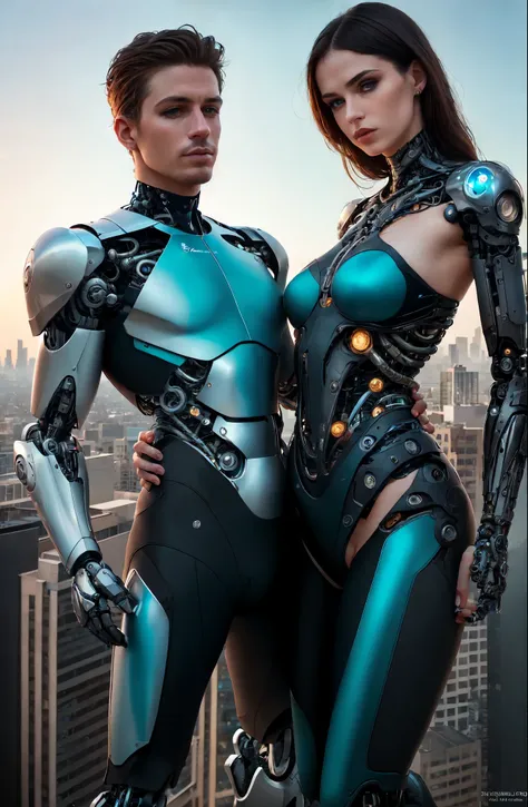 sexual relationship between a male cyborg and a female cyborg on the roof of a skyscraper, high quality, best quality, absurdres...