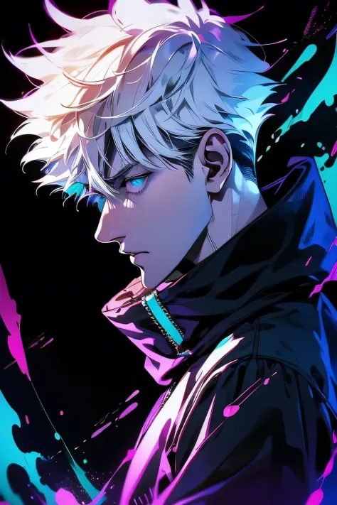 a man with white hair and a purple jacket holding a cell phone, cyberpunk art inspired by munakata shikō, tumblr, digital art, u...