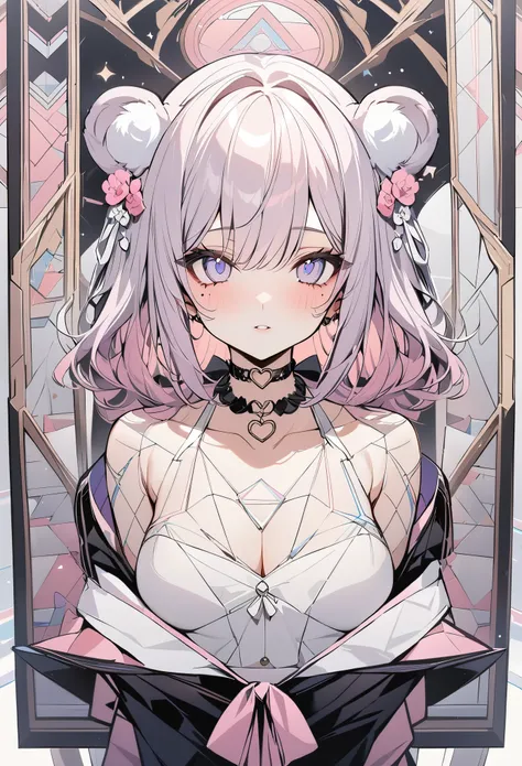 ,beautiful flower々）,mole under eye, heart shaped choker, (masterpiece, highest quality), official art, beautiful and aesthetic: 1.2), (1 girl), very detailed, (geometry art: 1.3), colorful、pink bob hair、bear ears、 whole body