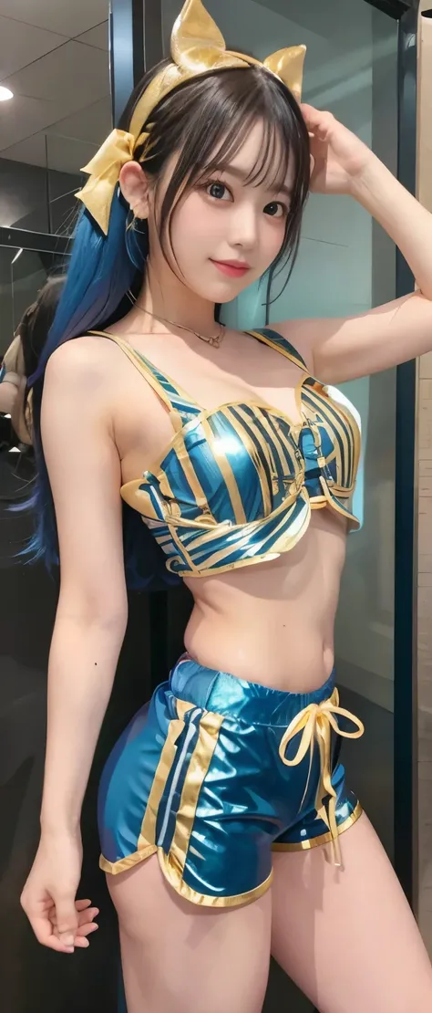 Cool idol girl、、Shiny blue and gold striped shorts costume、、、good style、whole body、