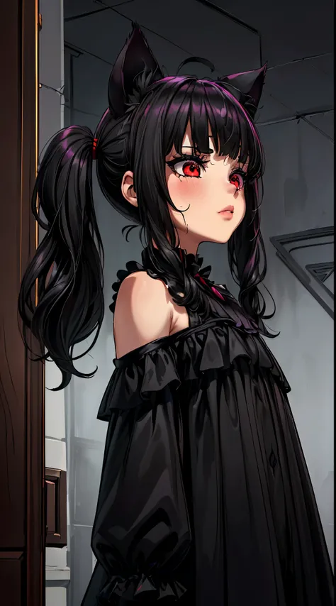 (una chica ,((long hair slightly wavy slightly past the shoulders, black bangs, small black pigtails on the sides, cute cat ears, beautiful thin red eyes)),),(hermosos ojos detallados,hermosos labios detallados,ojos y rostro extremadamente detallados,long ...