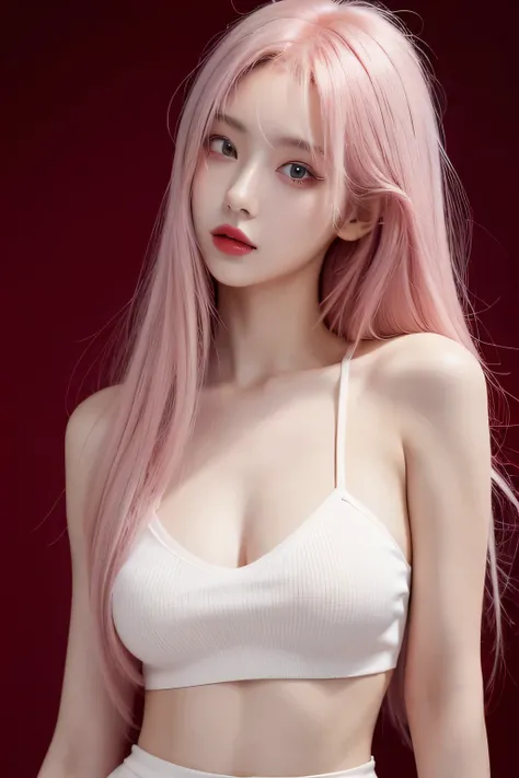 masterpiece，best quality，32k，Ultra-clear，Ultra-detailed，messy hair，Over-the-shoulder hair，light pink hair，red eyes，lips，Red lipstick。whole body ，Ultra high resolution textures