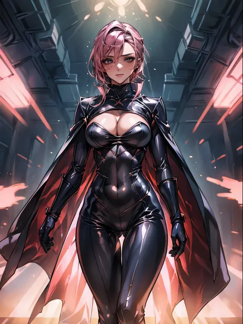 ((Woman in a sexy bodysuit, cleavage)), (high quality), (luster), Subcolor is pink, Shining crystals on the chest, Costume with pink lines, cloak