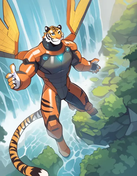 (tiger, anthro, male, muscular), solo, fluffy, (plugsuit), flying, smug, action pose, beautiful, (mechanical wings), motion lines, waterfall, high-angle view, machinery, best quality, masterpiece, detailed background, by suikuzu