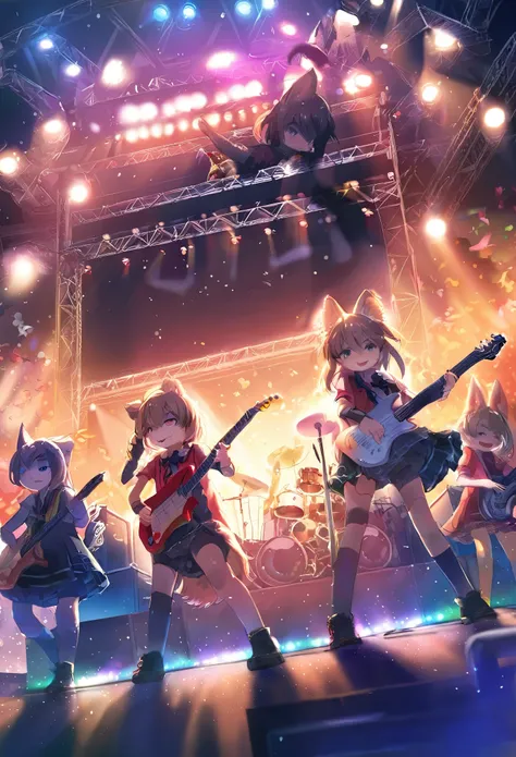 top quality, best quality, High-quality illustrations, masterpiece, super high resolution, detailed background, Rock Band Concerts, Musical instrument performance, Stage Performance, hot air, 6+boys, 6+girls, absurdres(highly detailed beautiful face and ey...