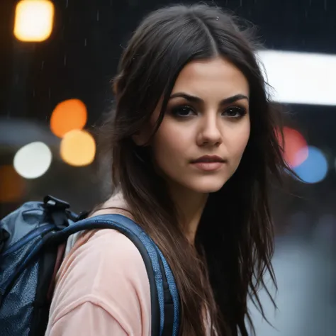 victoria_justice, portrait, close up, tourist, ((very long hair, hair over eye, hair in face, tolpess with a backpack, wild hair...