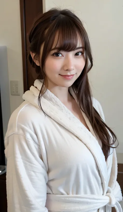 1 girl, beautiful, cute, professional lighting, highest quality,well-groomed face,(Bathrobe:1.5),long hair, clear, beautiful,(close_up:1.3)