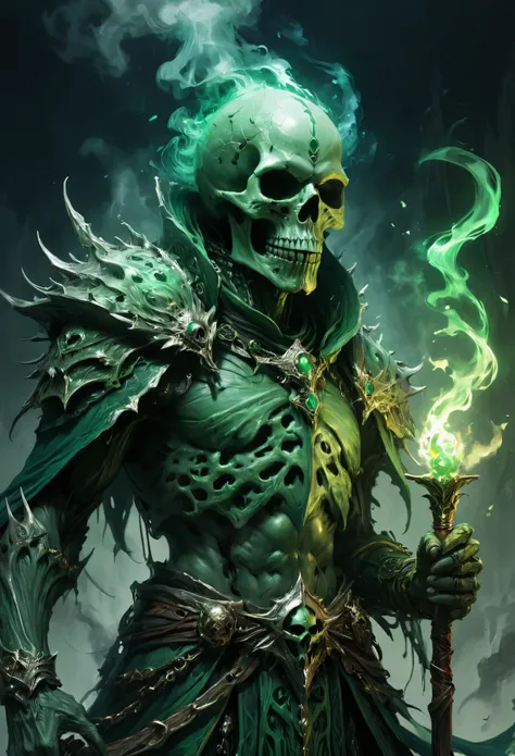 dungeons and dragons art, fantasy art, fantasy illustration, powerful scary lich, undead archmage, green skull, holding staff of...