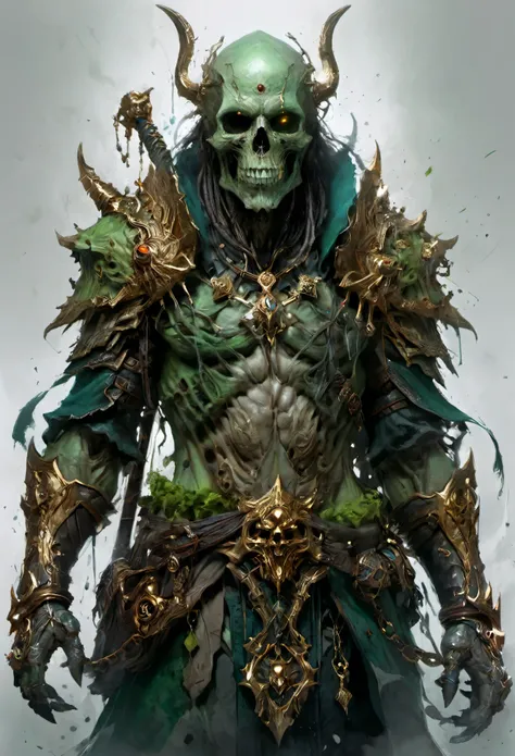 dungeons and dragons art, fantasy art, fantasy illustration, powerful scary lich, undead archmage, green skull, holding staff of...