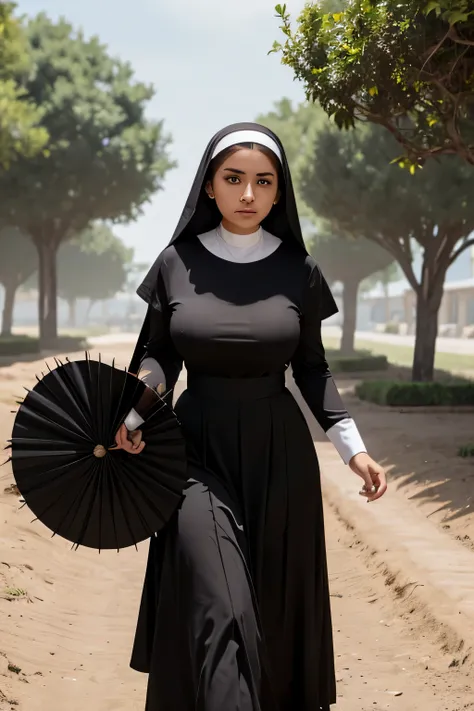 A beautiful Mexican girl with big breasts, brown hair, braids and dresses as a black nun and a black nun skirt, and brown eyes, carrying a large fan leaves, throwing a ball, a thorn, poison, power 