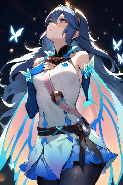 masterpiece, best quality, solo, 1girl, respLucy, tiara, white shirt, butterfly wings, sleeveless, blue elbow gloves, pantyhose, cowboy shot, blue skirt, hand to own chest, looking up, night sky, butterflies