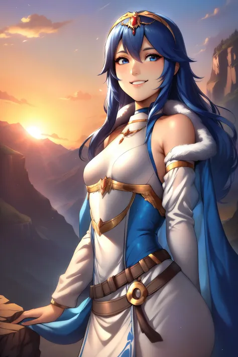 masterpiece, best quality, solo, 1girl exLucy, tiara, blue cape, fur trim, white dress, belt, detached sleeves, sunset, mountains, cliff, looking to the side, happy, smiling, small breasts