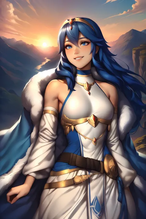 masterpiece, best quality, solo, 1girl exLucy, tiara, blue cape, fur trim, white dress, belt, detached sleeves, sunset, mountains, cliff, looking to the side, happy, smiling, small breasts