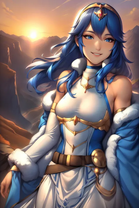 masterpiece, best quality, solo, 1girl exLucy, tiara, blue cape, fur trim, white dress, belt, detached sleeves, sunset, mountains, cliff, looking to the side, happy, smiling, small breasts
