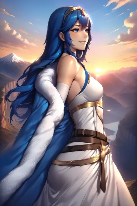 masterpiece, best quality, solo, 1girl exLucy, tiara, blue cape, fur trim, white dress, belt, detached sleeves, sunset, mountains, cliff, looking to the side, happy, smiling, small breasts