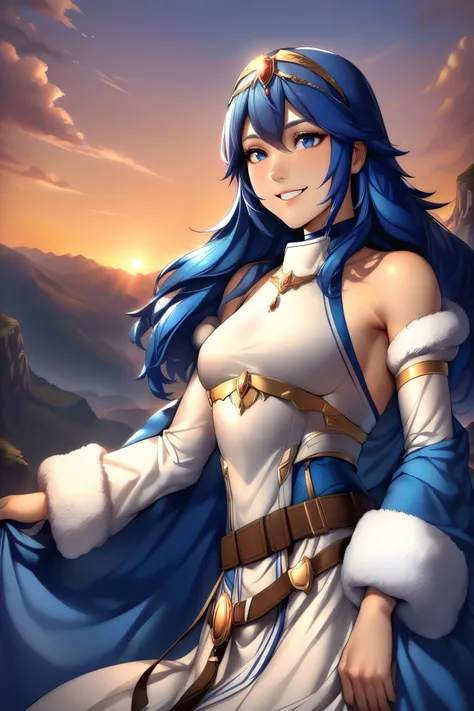 masterpiece, best quality, solo, 1girl exLucy, tiara, blue cape, fur trim, white dress, belt, detached sleeves, sunset, mountains, cliff, looking to the side, happy, smiling, small breasts