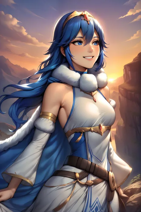masterpiece, best quality, solo, 1girl exLucy, tiara, blue cape, fur trim, white dress, belt, detached sleeves, sunset, mountains, cliff, looking to the side, happy, smiling, small breasts