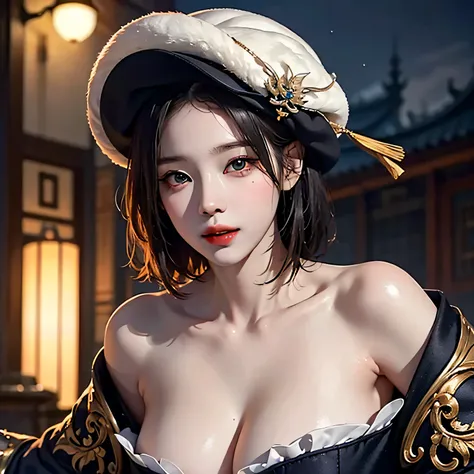 born, masterpiece, super detailed photos, 最high quality, ultra high resolution, realistic, moonlight, night, beauty, short hair, delicate face立ち, perfect face, full body figure, big breasts, huge breasts, cleavage, yellow rune paper pasted on the face, A l...