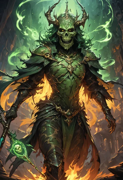 dungeons and dragons art, fantasy art, fantasy illustration, powerful scary lich, undead archmage, green skull, holding staff of...