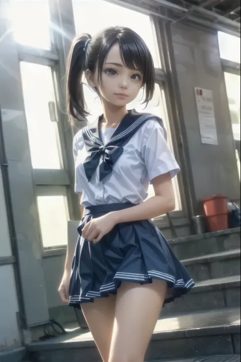 very cute and beautiful high school girl,(Highly detailed beautiful face and eyes:1.2),raw photo,realistic,loafers、sailor suit、short sleeve、超mini skirt、very short skirt、white panties、
smile,black hair,(mini skirt),(from below:1.2),think back,from behind,le...