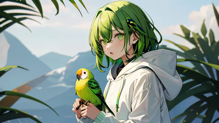 1 girl, upper body, light green hair, white hoodie,ten、cute parakeet