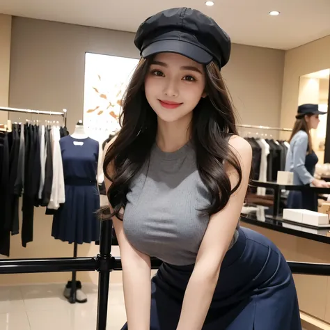 1 girl, 20 year old girl, beautiful girl,big breast, long hair, grey loose top, dark blue skirt, ladies hat, hanging pours,classy black hand pours, mall complex,fashion store, inside fashion store,cute smile