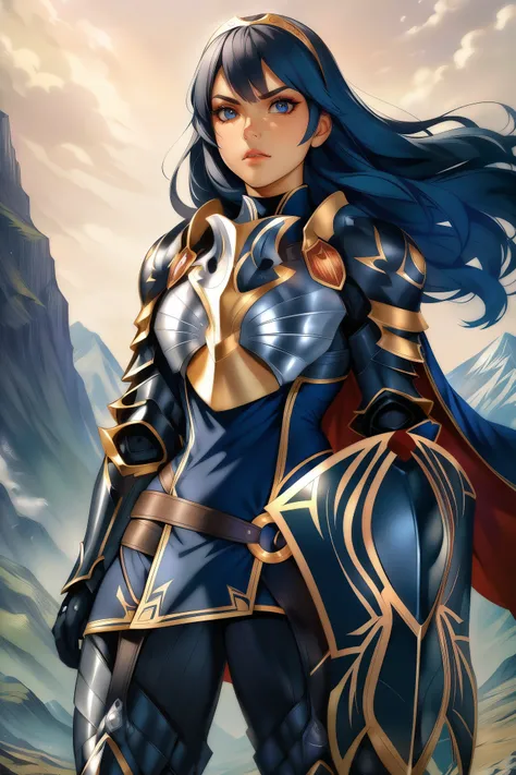 masterpiece, best quality, solo, 1girl, anime coloring, brvLucy, tiara, cape, breastplate, full armor, gauntlets, armored legwear, shield, serious, mountains, sky
