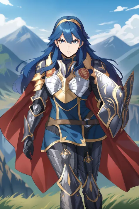 masterpiece, best quality, solo, 1girl, anime coloring, brvLucy, tiara, cape, breastplate, full armor, gauntlets, armored legwear, shield, serious, mountains, sky
