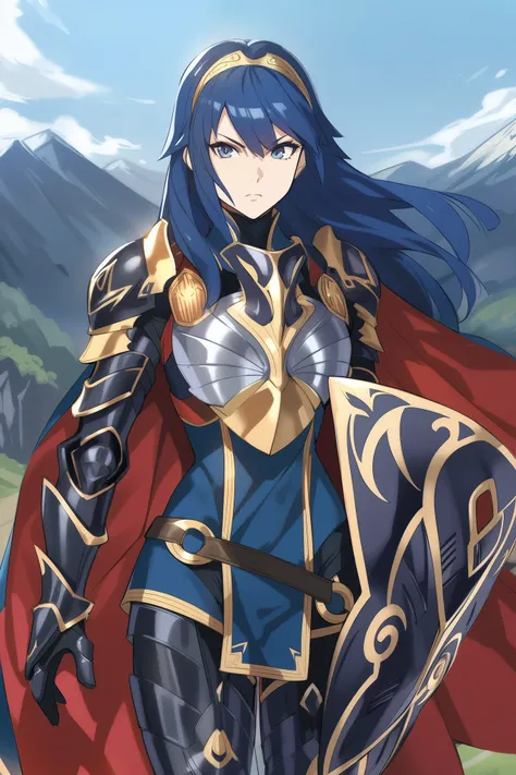 masterpiece, best quality, solo, 1girl, anime coloring, brvLucy, tiara, cape, breastplate, full armor, gauntlets, armored legwear, shield, serious, mountains, sky