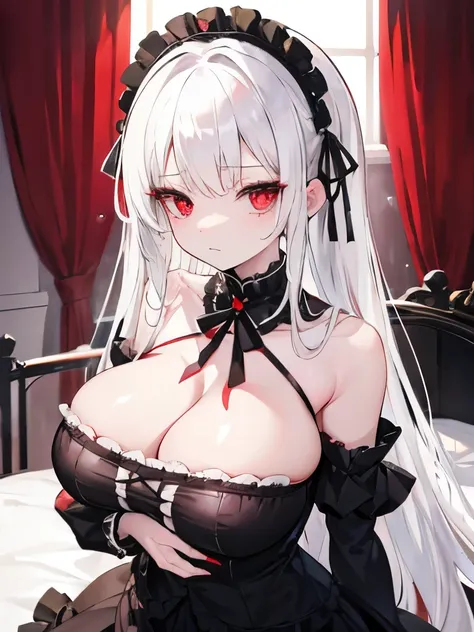 gothic lolita, white hair, long hair, red eyes, huge breast, no expression, off shoulder, cowboy shot, bed room,